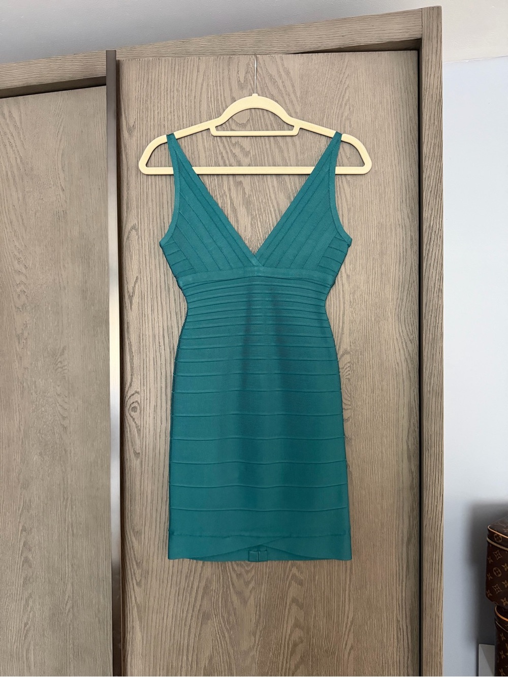 Herve Leger Teal Bodycon V-Neck Dress - Women